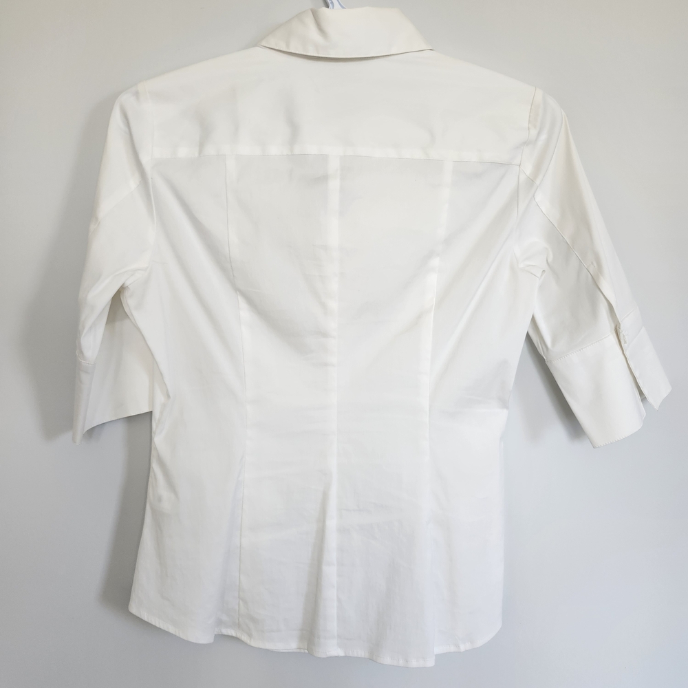 WHBM White Collared Shirt Button Down Cotton Stretch Fitted Ivory 3/4 Sleeve Min